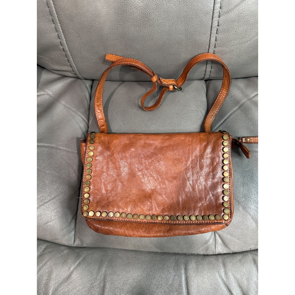 Cognac Brown Genuine Leather Studded Crossbody Bag Distressed Boho Small Purse